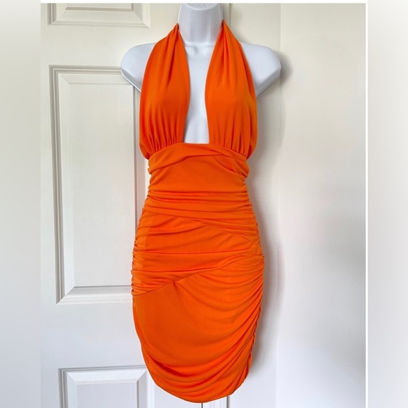 ORANGE CROSS OVER RUSHED MINI DRESS - Picture 2 of 7